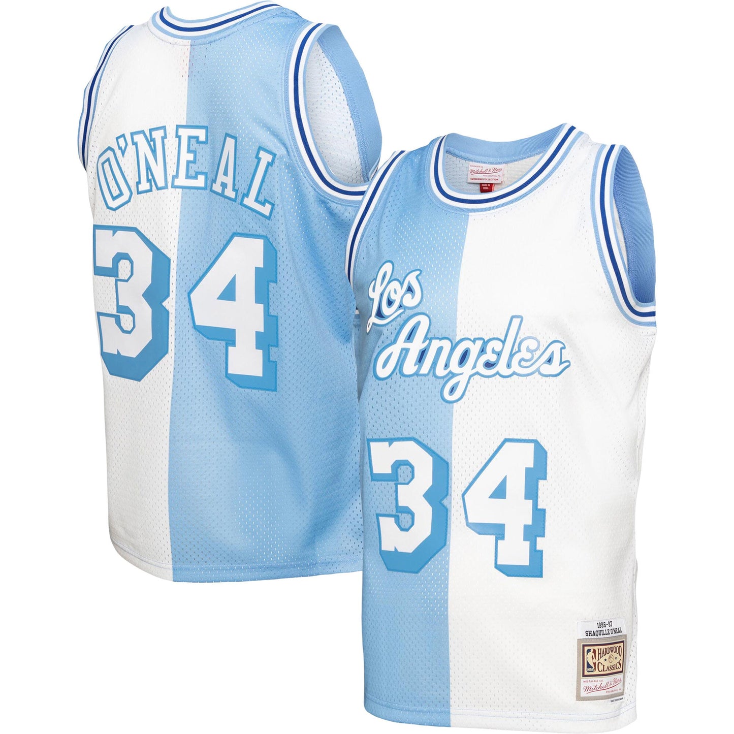 Shaquille O'Neal Los Angeles Lakers Mitchell & Ness Big & Tall Hardwood Classics 1996/97 Split Swingman Jersey - Powder Blue/White